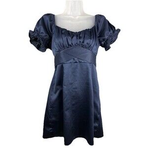 Mi Ami For Francesca’s Madilyn Tie Back Satin Mini Dress M Navy Puff Sleeve